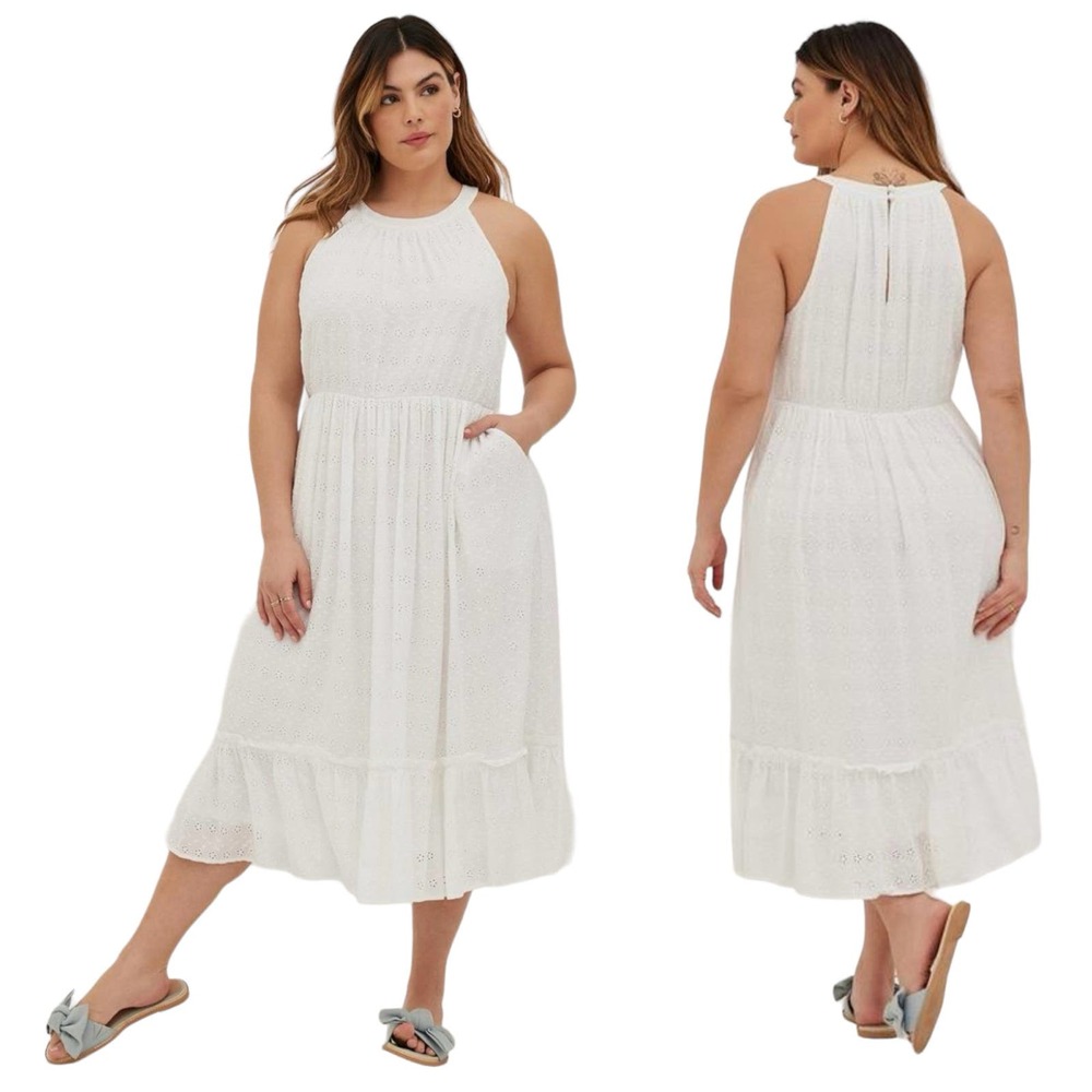 Torrid Plus Sz 3X Halter Ruffle Tiered Midi Voile Eyelet Dress White Party NEW
